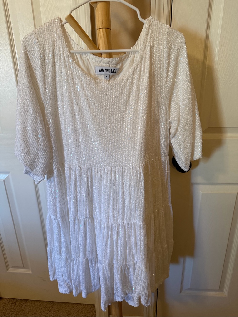 Amazing Lace White Sequin Tiered Mini Dress L